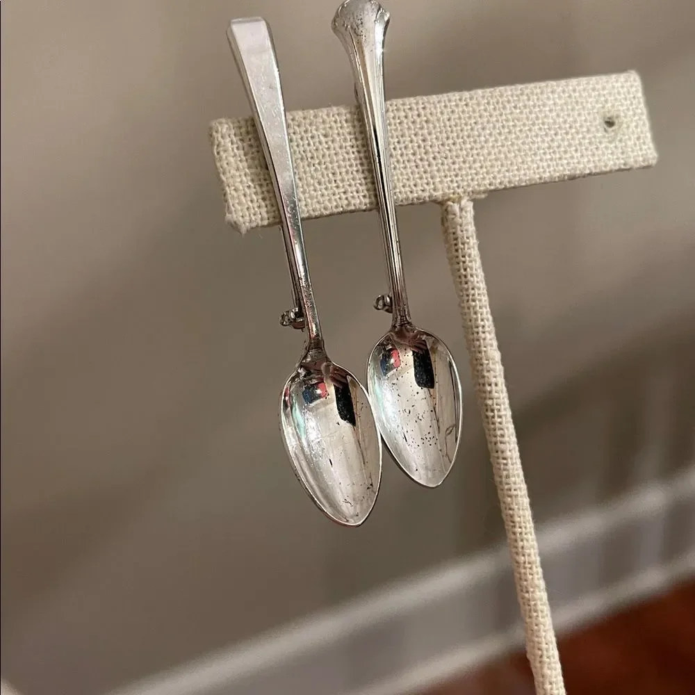 2 Vintage Silver Tone Spoon Brooch Pin 2.5